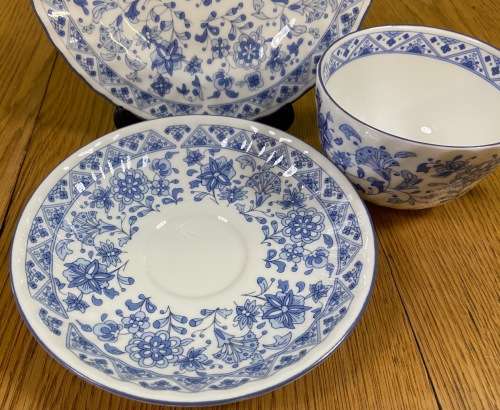 MINTON TEA TRIO x 1=ENGLAND=SHALIMAR PATTERN=BLUE and WHITE=FINE BONE CHINA=LIMITED EDITION=1974.