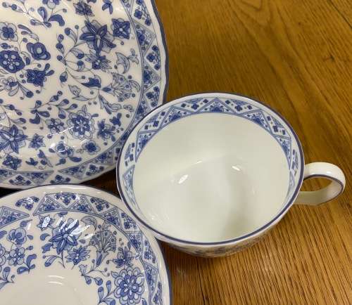 MINTON TEA TRIO x 1=ENGLAND=SHALIMAR PATTERN=BLUE and WHITE=FINE BONE CHINA=LIMITED EDITION=1974.