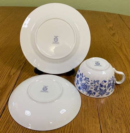 MINTON TEA TRIO x 1=ENGLAND=SHALIMAR PATTERN=BLUE and WHITE=FINE BONE CHINA=LIMITED EDITION=1974.
