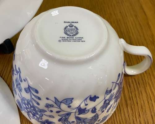 MINTON TEA TRIO x 1=ENGLAND=SHALIMAR PATTERN=BLUE and WHITE=FINE BONE CHINA=LIMITED EDITION=1974.