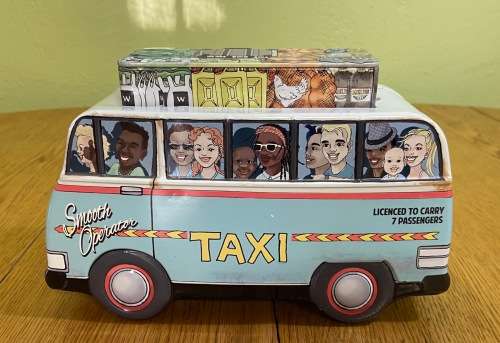 TIN=WOOLWORTHS TAXI BISCUIT TIN=SMOOTH  OPERATOR=DRIVER-JAN PIEREWIET=CARRY 7 PASSENGERS=JAN-KAN!!!!