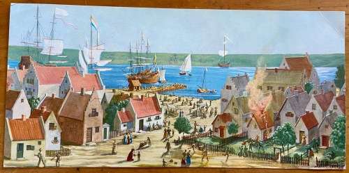POSTCARD PANORAMA ARTWORK MARKET on PEARL ST. WEIGHT HOUSE DUTCH GALLERY CYCLORAMA NEW YORK USA SHIP