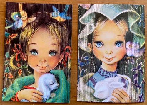 POSTCARDS x 2 SPAIN SERIES 1224 YOUNG GIRL with BUNNY RABBIT and PUPPY / DOG BIRDS REALLY CUTE!!!
