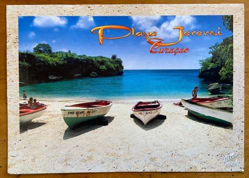 POSTCARD PLAYA JEREMI CURACAO CARIBBEAN NETHERLANDS ANTILLES ISLANDS SEA SHELL BOATS BEACH RECIPE!!!