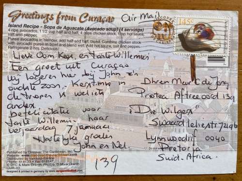 POSTCARD PLAYA JEREMI CURACAO CARIBBEAN NETHERLANDS ANTILLES ISLANDS SEA SHELL BOATS BEACH RECIPE!!!