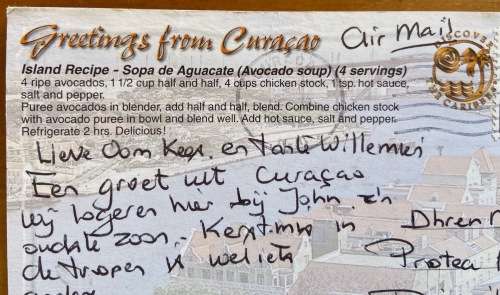 POSTCARD PLAYA JEREMI CURACAO CARIBBEAN NETHERLANDS ANTILLES ISLANDS SEA SHELL BOATS BEACH RECIPE!!!