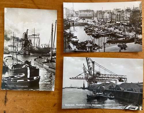 POSTCARDS x 3 BLACK and WHITE REAL PHOTO CARDS ROTTERDAM NETHERLANDS SHIPS HARBOUR TUGS BARGES CRANE