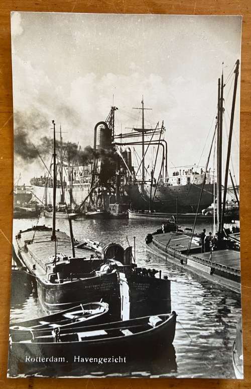 POSTCARDS x 3 BLACK and WHITE REAL PHOTO CARDS ROTTERDAM NETHERLANDS SHIPS HARBOUR TUGS BARGES CRANE
