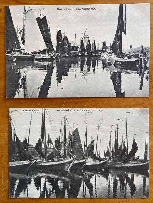 POSTCARDS x 2 BLACK and WHITE HARDERWIJK NETHERLANDS SAILING FISHING BOATS HARBOUR VIEW.