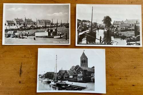 POSTCARDS x 3 BLACK and WHITE REAL PHOTO CARDS NETHERLANDS HARBOURS PORT VIEWS BOATS BARGES HORSES.