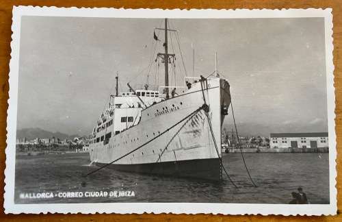 POSTCARD POST CARD MALLORCA SPAIN CORREO CIUDAD DE IBIZA STEAMSHIP CRUISE PASSENGER SHIP REAL PHOTO.