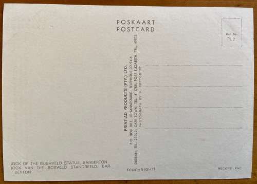 POSTCARD SOUTH AFRICA JOCK OF THE BUSHVELD STATUE BARBERTON DOG STAFFORDSHIRE TERRIER.