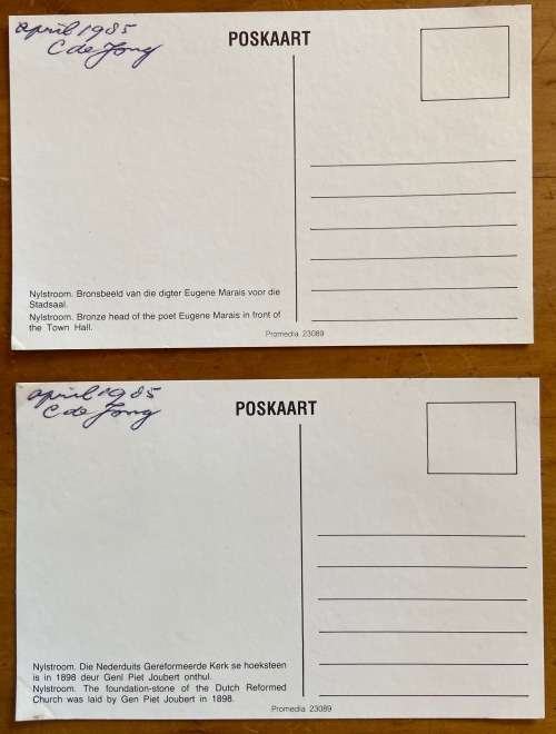 POSTCARDS x 4=SOUTH AFRICA=NYLSTROOM (MODIMOLLE)=DUTCH REFORMED CHURCH=EUGENE MARAIS=JG STRIJDOM.