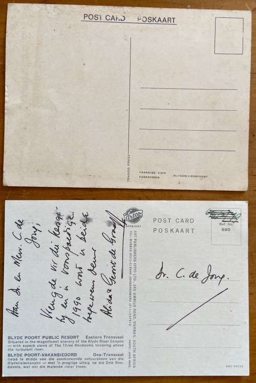 POSTCARDS x 2 SOUTH AFRICA BLYDERIVIERSPOORT BLYDE RIVER POORT EASTERN TRANSVAAL PARADISE VIEW.
