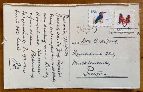 POSTCARD?? NETHERLANDS PORT NATAL SANATORIUM ASSEN CARD POSTED IN RSA 1970 PRETORIA CUT-OUT CARD??