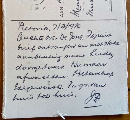 POSTCARD?? NETHERLANDS PORT NATAL SANATORIUM ASSEN CARD POSTED IN RSA 1970 PRETORIA CUT-OUT CARD??
