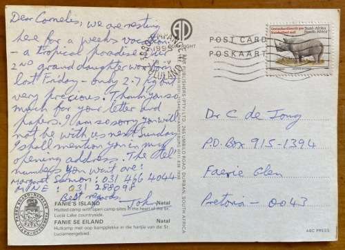 POSTCARD RSA NATAL ST. LUCIA FANIES ISLAND LACIA LAKE COUNTRYSIDE RHINO PARKS BOARD BIRDS BOATS FISH