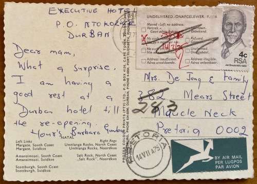 POSTCARD RSA NATAL THE TUGELA GORGE ROYAL NATAL NATIONAL PARK POSTED from DURBAN FLOWER UNISA.