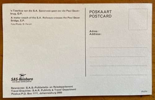 POSTCARD SOUTH AFRICA EASTERN CAPE PAUL SAUER BRIDGE SA RAILWAYS MOTOR COACH.