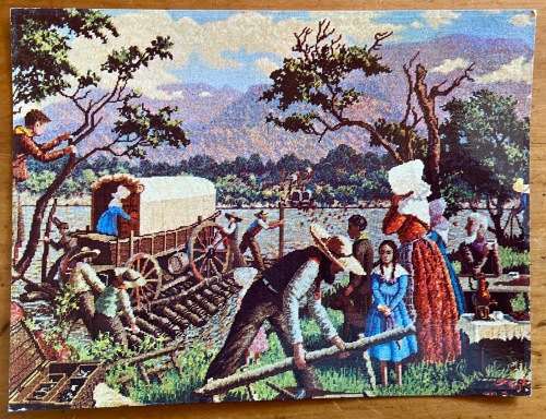 POSTCARD SOUTH AFRICA PRETORIA VOORTREKKER MONUMENT TAPESTRY SATOUR LARGE OX WAGON RIVER CROSSING.