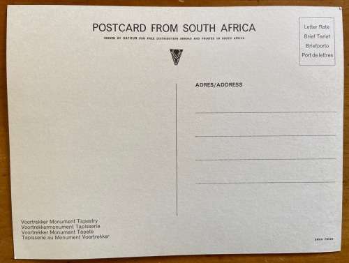 POSTCARD SOUTH AFRICA PRETORIA VOORTREKKER MONUMENT TAPESTRY SATOUR LARGE OX WAGON RIVER CROSSING.