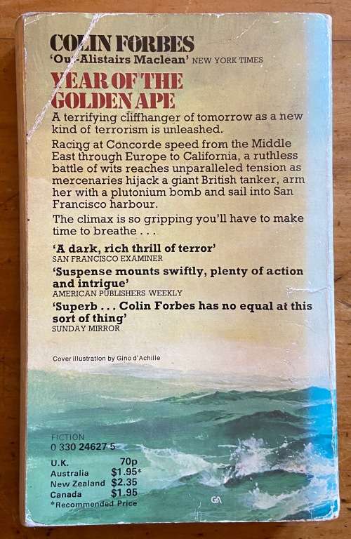 YEAR OF THE GOLDEN APE COLIN FORBES PAN BOOKS 1976 THRILLER HELICOPTER SHIPS.