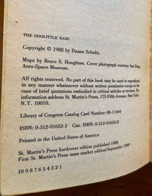 THE DOOLITTLE RAID DUANE SCHULTZ 1989 St. MARTINS PRESS AMERICAS 1st STRIKE AGAINST JAPAN AIRCRAFT.