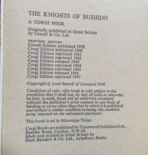 THE KNIGHTS OF BUSHIDO LORD RUSSELL OF LIVERPOOL SHORT HISTORY OF JAPANESE WAR CRIMES ILLUTRATED WW2