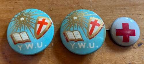 Y.W.U. YOUNG WOMEN UNION?  PIN BADGE TIN 22mm diameter RED CROSS TIN PIN BADGE 16mm diameter.
