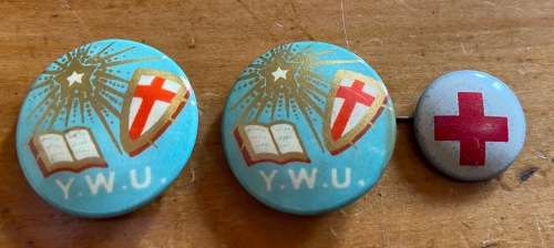 Y.W.U. YOUNG WOMEN UNION?  PIN BADGE TIN 22mm diameter RED CROSS TIN PIN BADGE 16mm diameter.