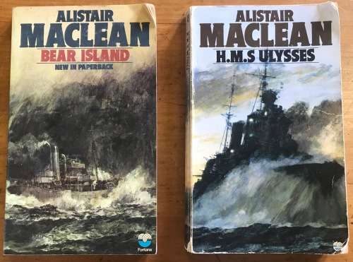 BEAR ISLAND + H.M.S. ULYSSES ALISTAIR MACLEAN 2 BOOKS FONTANA 1984 1973.