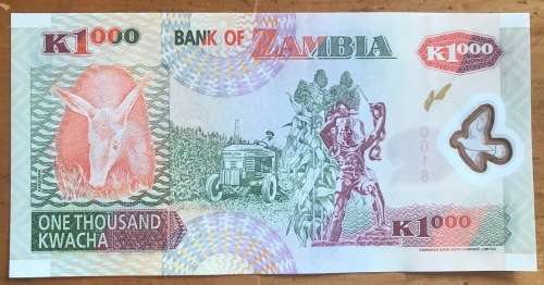 BANK OF ZAMBIA ONE THOUSAND KWACHA K1000 EB033730018 FISH EAGLE DOVE FARMING TRACTOR MAIZE AARDVARK.