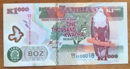 BANK OF ZAMBIA ONE THOUSAND KWACHA K1000 EB033730018 FISH EAGLE DOVE FARMING TRACTOR MAIZE AARDVARK.