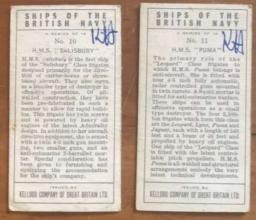 SHIPS OF THE BRITISH NAVY CARDS x 12 KELLOGG COMPANY GREAT BRITAIN DESTROYER SUBMARINE HELICOPTER