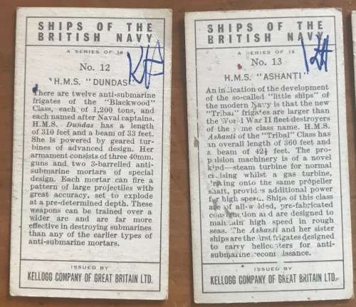 SHIPS OF THE BRITISH NAVY CARDS x 12 KELLOGG COMPANY GREAT BRITAIN DESTROYER SUBMARINE HELICOPTER