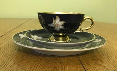 TEA TRIO`S x 6 JOHANN HAVILAND BAVARIA GERMANY COBALT and GILT LEAVES LILY WHITE FLOWERS MAGNIFICENT