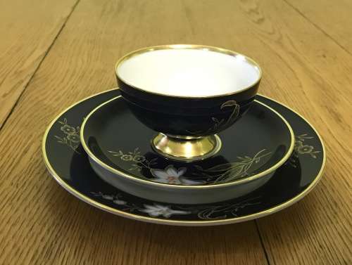 TEA TRIO`S x 6 JOHANN HAVILAND BAVARIA GERMANY COBALT and GILT LEAVES LILY WHITE FLOWERS MAGNIFICENT