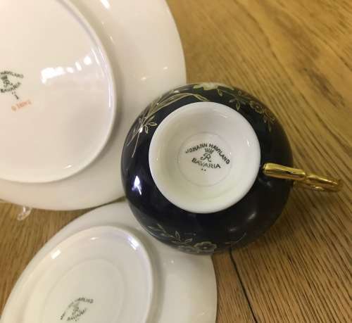 TEA TRIO`S x 6 JOHANN HAVILAND BAVARIA GERMANY COBALT and GILT LEAVES LILY WHITE FLOWERS MAGNIFICENT