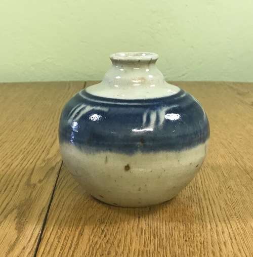 VASE POTTERY BLUE and BEIGE ROUND BULBOUS NICE!!!