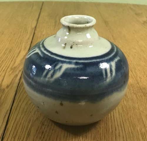VASE POTTERY BLUE and BEIGE ROUND BULBOUS NICE!!!