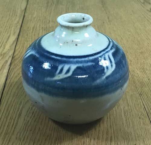 VASE POTTERY BLUE and BEIGE ROUND BULBOUS NICE!!!