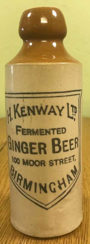 GINGER BEER STONEWARE BOTTLE H. KENWAY LTD FERMENTED GINGER BEER 100 MOOR STREET BIRMINGHAM ENGLAND