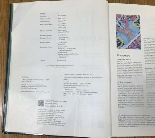 BIOCHEMISTRY 2nd EDITION MORAN SCRIMGEOUR HORTON OCHS RAWN 1994 SCIENCE NEIL PATTERSON PUBLISHERS.
