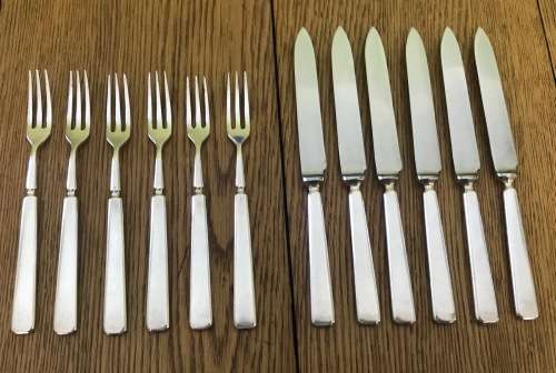 ELKINGTON & CO. SILVER PLATED FRUIT / DESSERT KNIFE + FORK SET x 6 of each 1957 BIRMINGHAM ENGLAND.