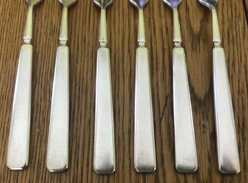 ELKINGTON & CO. SILVER PLATED FRUIT / DESSERT KNIFE + FORK SET x 6 of each 1957 BIRMINGHAM ENGLAND.