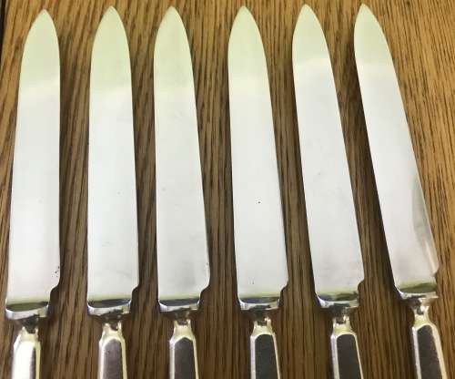 ELKINGTON & CO. SILVER PLATED FRUIT / DESSERT KNIFE + FORK SET x 6 of each 1957 BIRMINGHAM ENGLAND.
