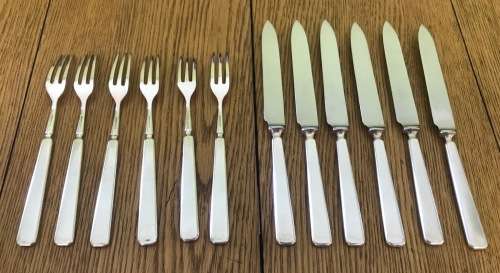 ELKINGTON & CO. SILVER PLATED FRUIT / DESSERT KNIFE + FORK SET x 6 of each 1957 BIRMINGHAM ENGLAND.