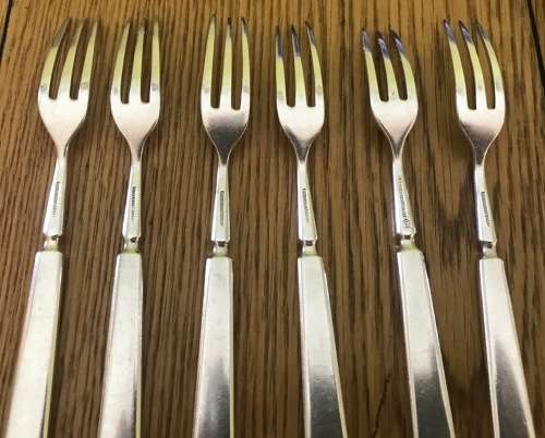 ELKINGTON & CO. SILVER PLATED FRUIT / DESSERT KNIFE + FORK SET x 6 of each 1957 BIRMINGHAM ENGLAND.