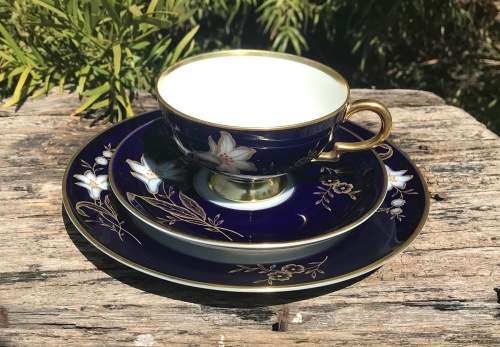 TEA TRIO`S x 6 JOHANN HAVILAND BAVARIA GERMANY COBALT and GILT LEAVES LILY WHITE FLOWERS MAGNIFICENT
