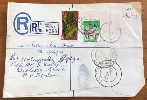 TRANSKEI THUMBPRINT MAIL Registered Kirstenhof Claremont Cape Town to Kentani 1973 Butterworth.
